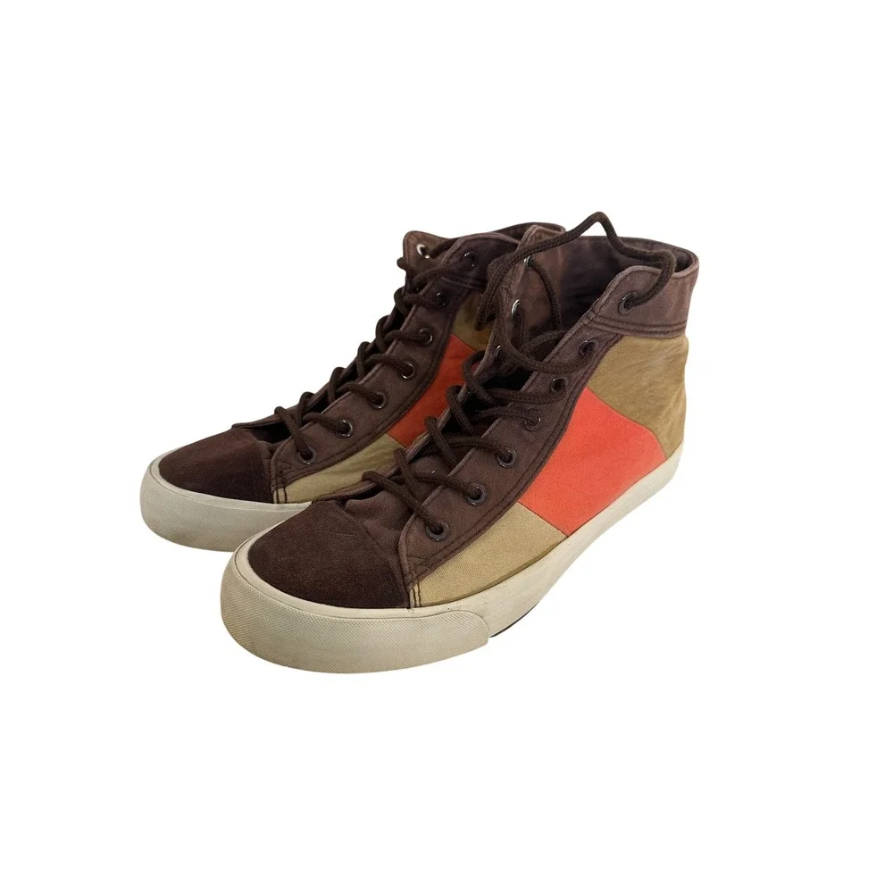 Shan Bu Womens Brown Orange Colorblock Canvas Suede High Top Sneakers Size 9.5
